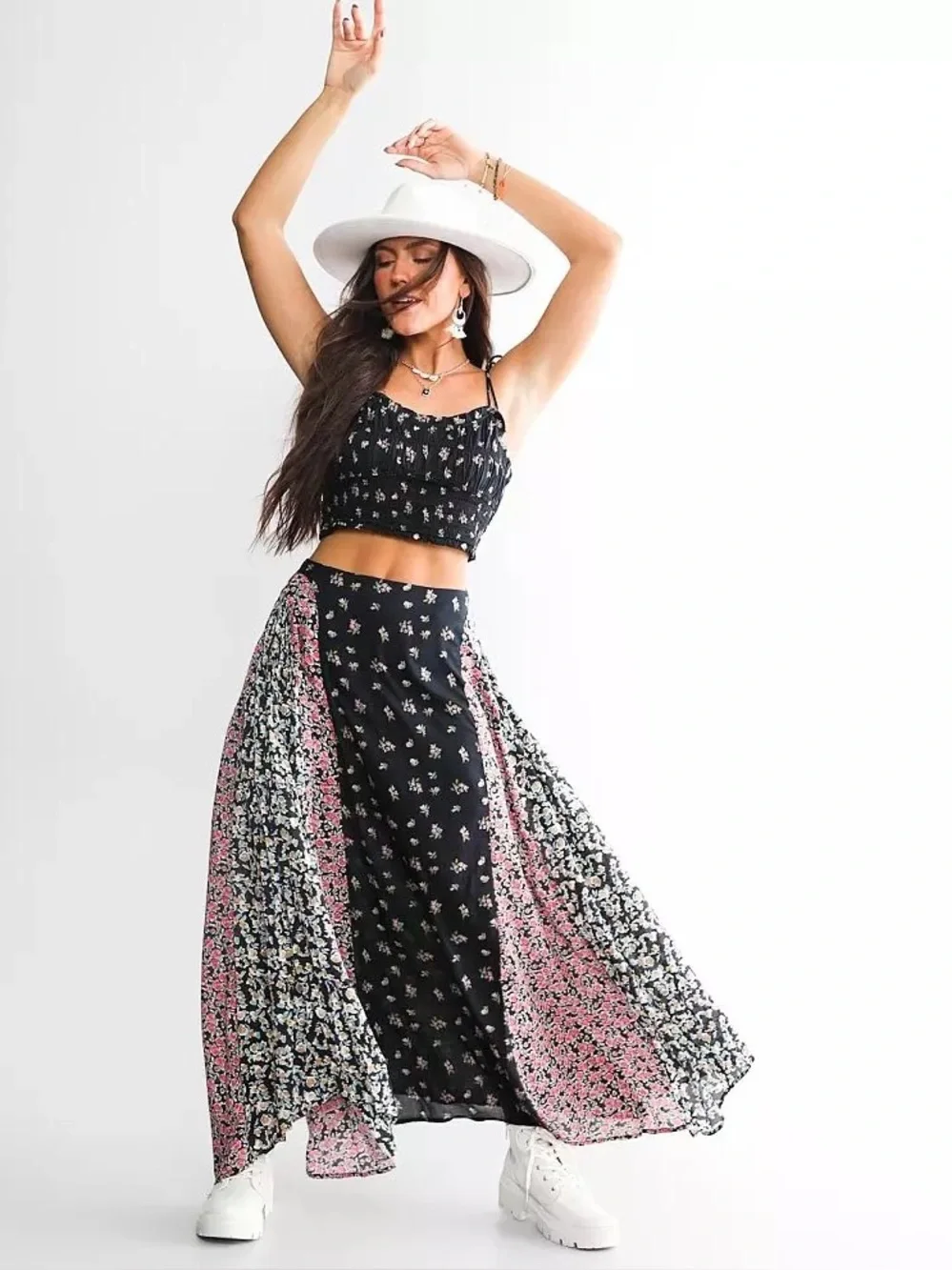 Free People Kaia Smocked Adjustable Strap  Cropped Tank Top Boho Floral Print